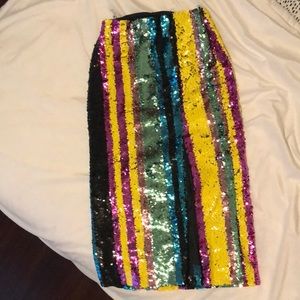 Sequin Striped Midi Skirt w/ Front Slit